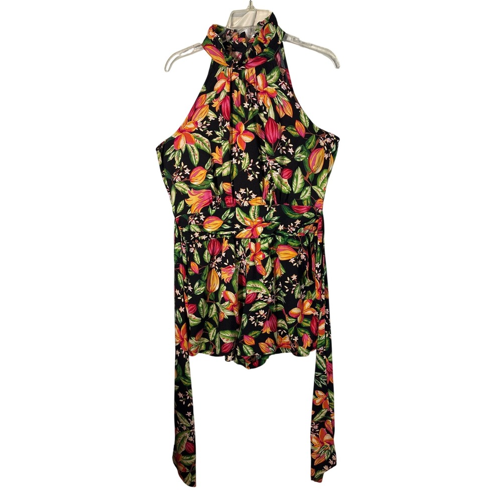 Nicole Miller New York Tropical Floral Halter Romper Black Pink Green Small
